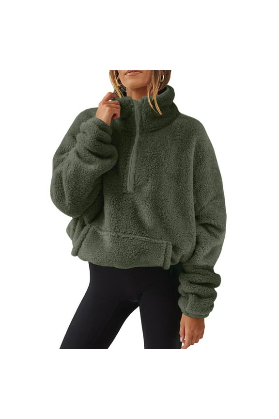 Women Sherpa Pullover Half Zip Fuzzy Fleece Oversized Sweatshirt Long Sleeve Plush Quarter Zip Pullover with Pocket Dark Green S
