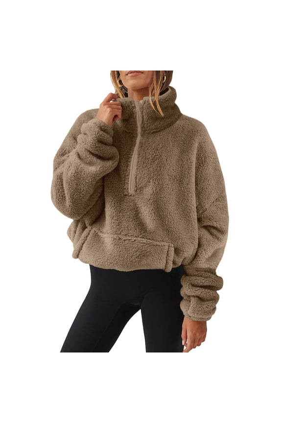 Women Sherpa Pullover Half Zip Fuzzy Fleece Oversized Sweatshirt Long Sleeve Plush Quarter Zip Pullover with Pocket Light Brown S