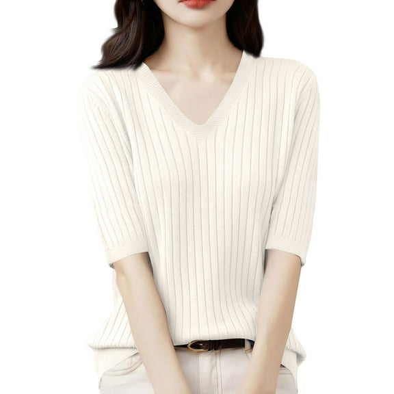 BRDFRL Women Summer Knit Shirt Blouse V Neck Short Sleeve Pullover Sweater Tops Beige XL