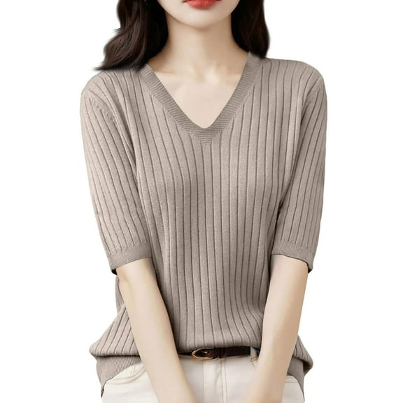 BRDFRL Women Summer Knit Shirt Blouse V Neck Short Sleeve Pullover Sweater Tops Khaki L