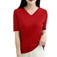 thumbnail image 1 of BRDFRL Women Summer Knit Shirt Blouse V Neck Short Sleeve Pullover Sweater Tops Red 2XL, 1 of 6