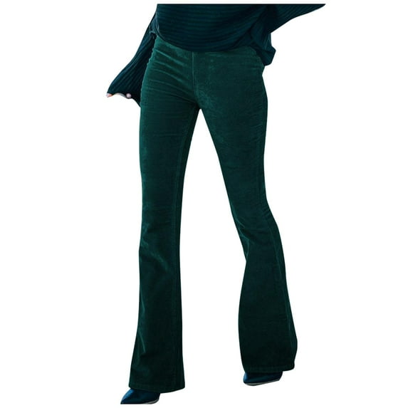 BRDFRL Women's Corduroy Flare Pants Elastic Waist Bell Bottom Trousers 2024 Women Fashions Dark Green 2XL