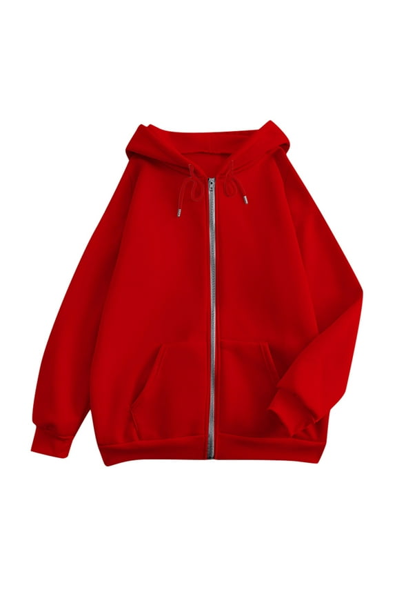 Women's Fall Plus Size Full Zip Up Hoodies Long Sleeve Solid Oversized Hooded Sweatshirts Pockets Jacket Coat for Women Teen Girls 2025 Fashion Casual Red XL