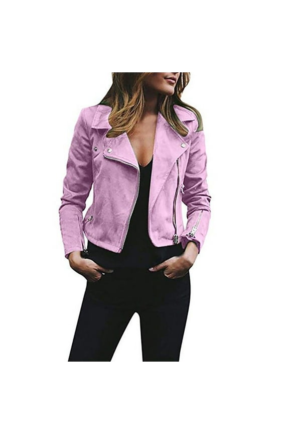 Women's Faux Leather Jacket Lapel Long Sleeve Zip Up Motorcycle Jacket Lightweight Cropped Windbreaker Jacket Coats Pink M