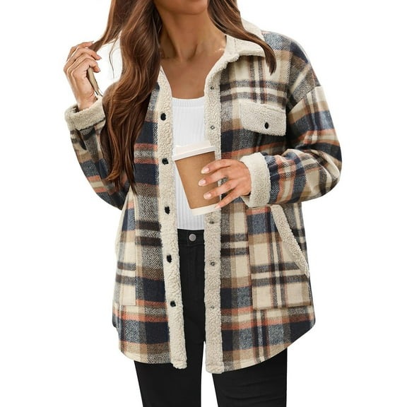 BRDFRL Women's Flannel Shacket 2024 Fashion Casual Plaid Shirt Jackets Button Down Long Sleeve Fleece Lapel Collar Coats Blue XL