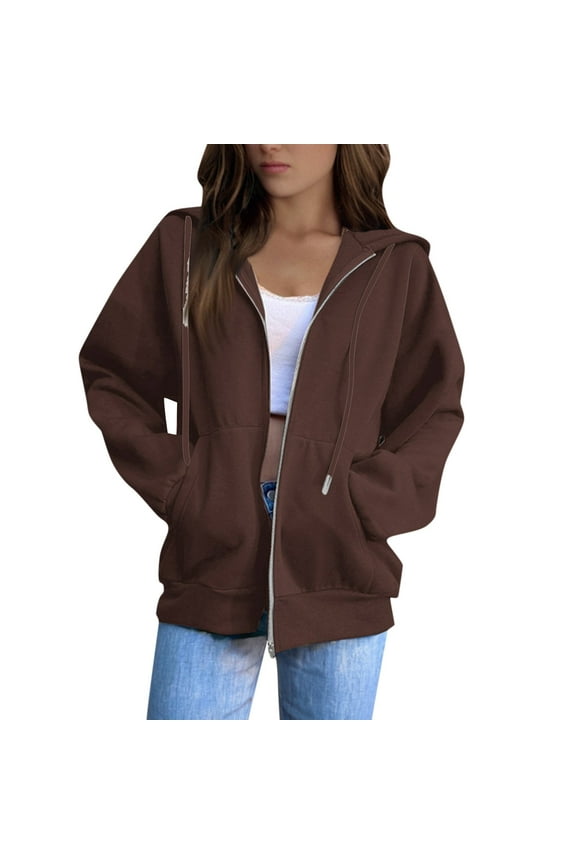 Women's Zip Up Y2K Hoodies Casual Long Sleeve Track Hoodie Jackets with Pockets Stylish and Comfortable Brown S