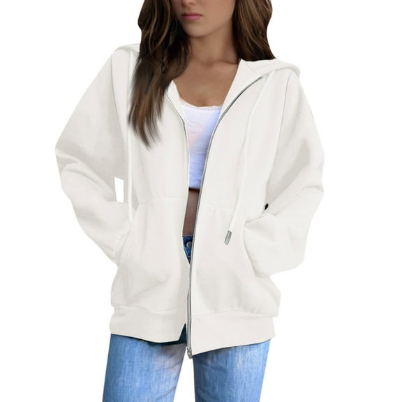 BRDFRL Women's Hoodie Hooded Full Zip Sweatshirt White L