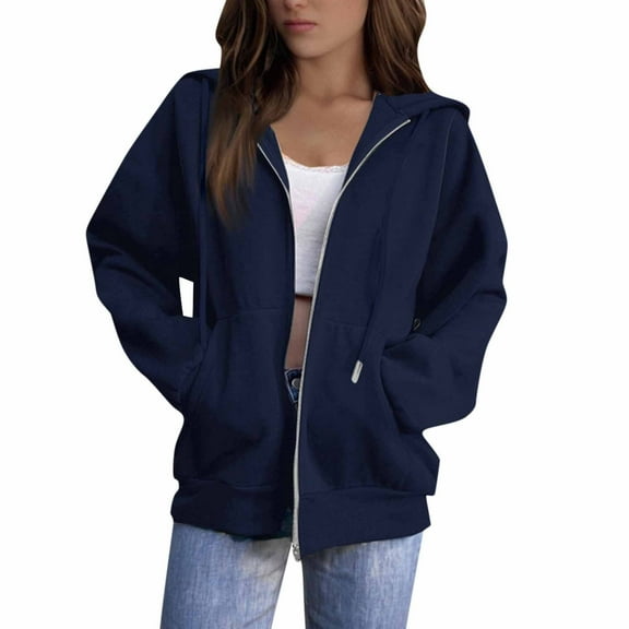 BRDFRL Women's Hoodie Hooded Full Zip Sweatshirt Dark Blue L
