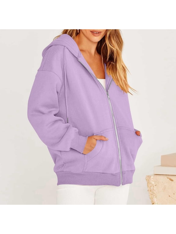 Women's Oversized Zip Up Hoodies Fleece Jacket Casual 2024 Fall Winter Sweatshirts Drawstring Y2K Hoodies Teen Girls Light Purple L