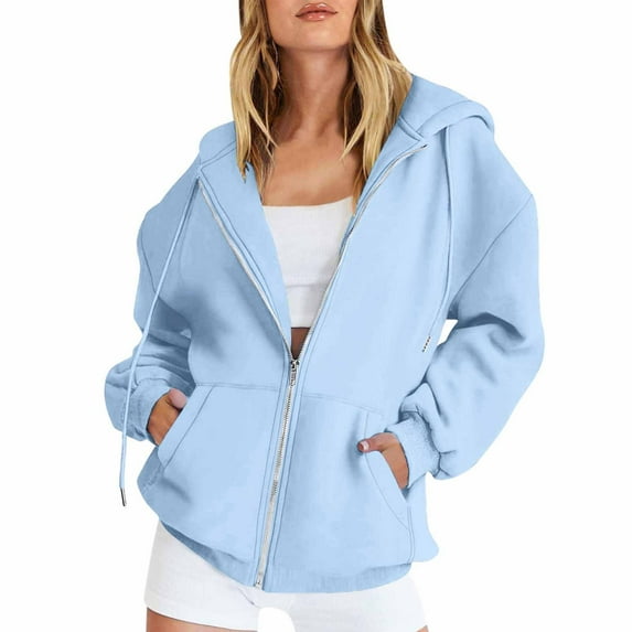 BRDFRL Women's Oversized Zip Up Hoodies Fleece Jacket Casual 2024 Fall Winter Sweatshirts Drawstring Y2K Hoodies Teen Girls Sky Blue L