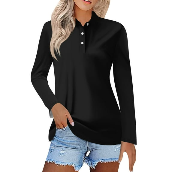 BRDFRL Women's Polo Shirts Long Sleeve Lapel Collared Button Down Blouse Dressy Business Casual Print Office Golf Shirts Black XL