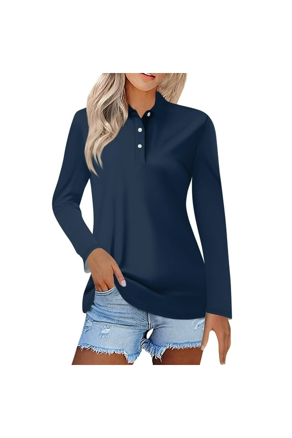 Women's Polo Shirts Long Sleeve Lapel Collared Button Down Blouse Dressy Business Casual Print Office Golf Shirts Navy XL
