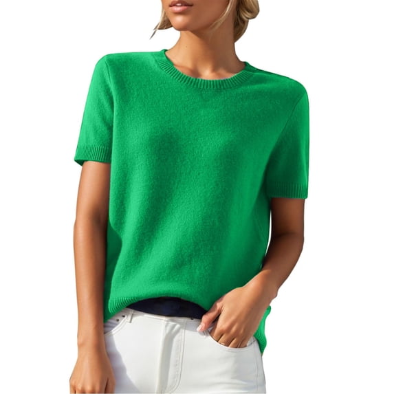 BRDFRL Womens 2025 Spring Short Sleeve Crew Neck Striped Pullover Sweater Business Casual Ribbed Knit Tops Green 2XL
