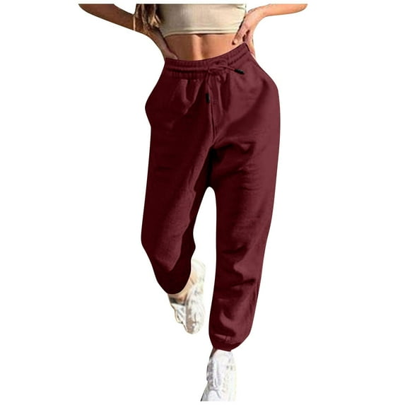BRDFRL Women's Sweatpants Petite Length Pockets Pants Casual Workout Athletic Joggers Drawstring Waist Sweat Pants Wine M