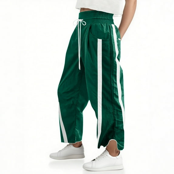 BRDFRL Women's Y2K Track Pants Side Striped Wide Leg Baggy Drawstring Waist Parachute Sweatpants Streetwear Army Green XL