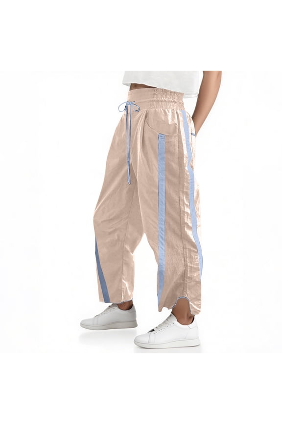 Women's Y2K Track Pants Side Striped Wide Leg Baggy Drawstring Waist Parachute Sweatpants Streetwear Khaki L