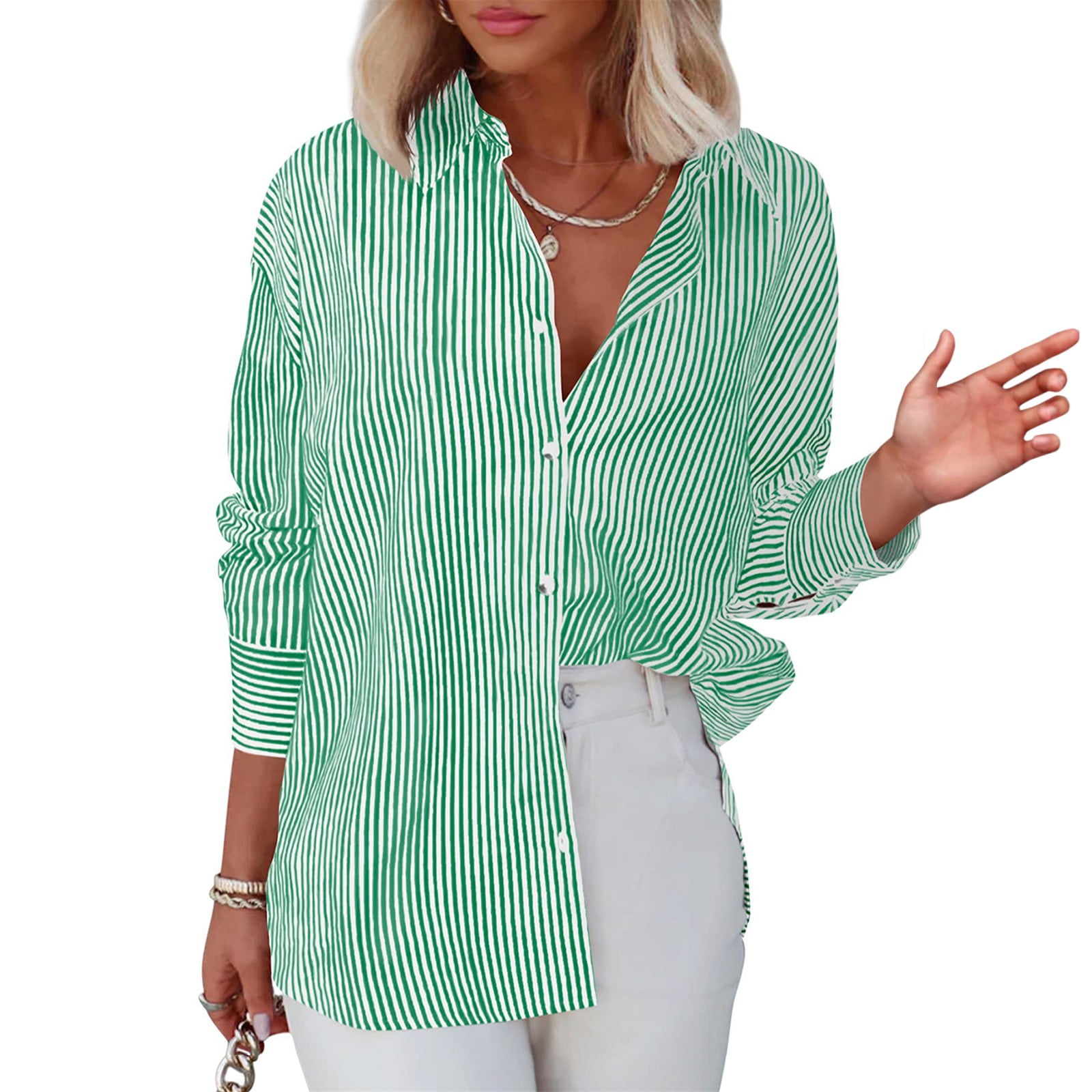 GXIPO Womens Button Down Shirts Cotton Striped Dress Shirt Long Sleeve ...