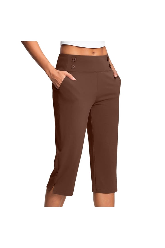 Womens Capri Pants Elastic Waist Stretchy Crop Athletic Office Work Pants Tummy Control Yoga Dress Pant with Pockets Brown S
