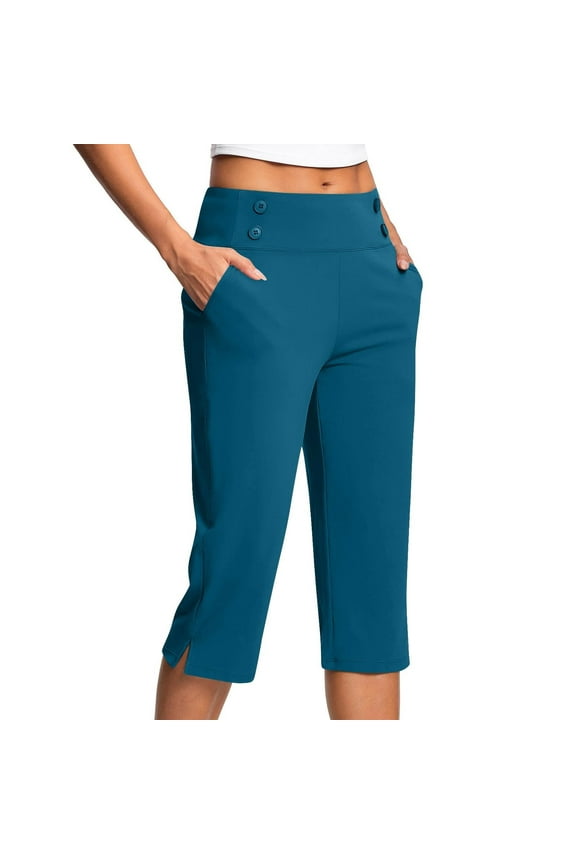 Womens Capri Pants Elastic Waist Stretchy Crop Athletic Office Work Pants Tummy Control Yoga Dress Pant with Pockets Dark Blue L