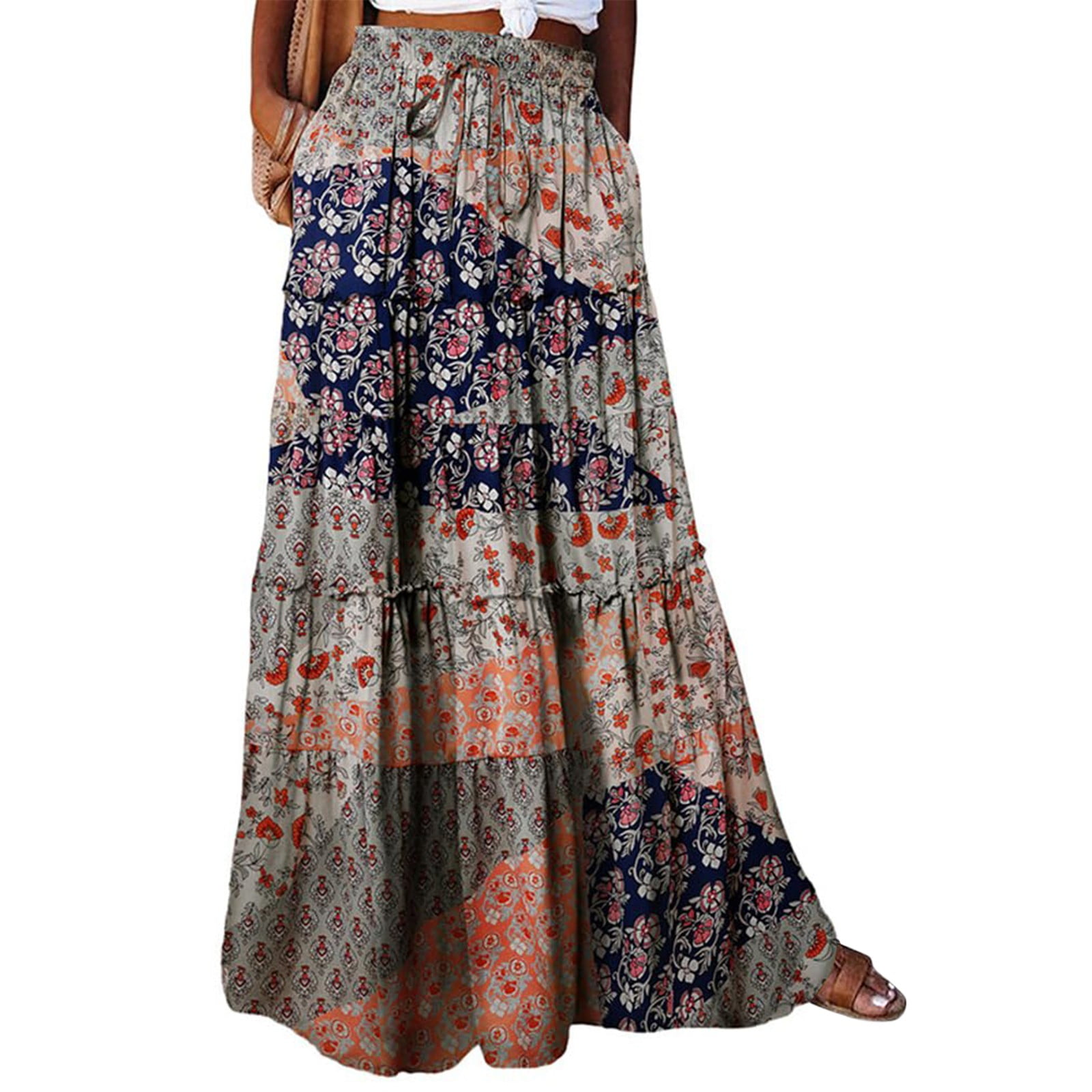 Knee-Length Mid Waist Floral Boho Women Pleated Skirt