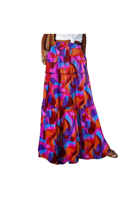 Womens Casual Maxi Skirts for Women 2025 High Waist Boho Skirts Floral Printed Long Flowy Skirt with Pockets Orange 2XL