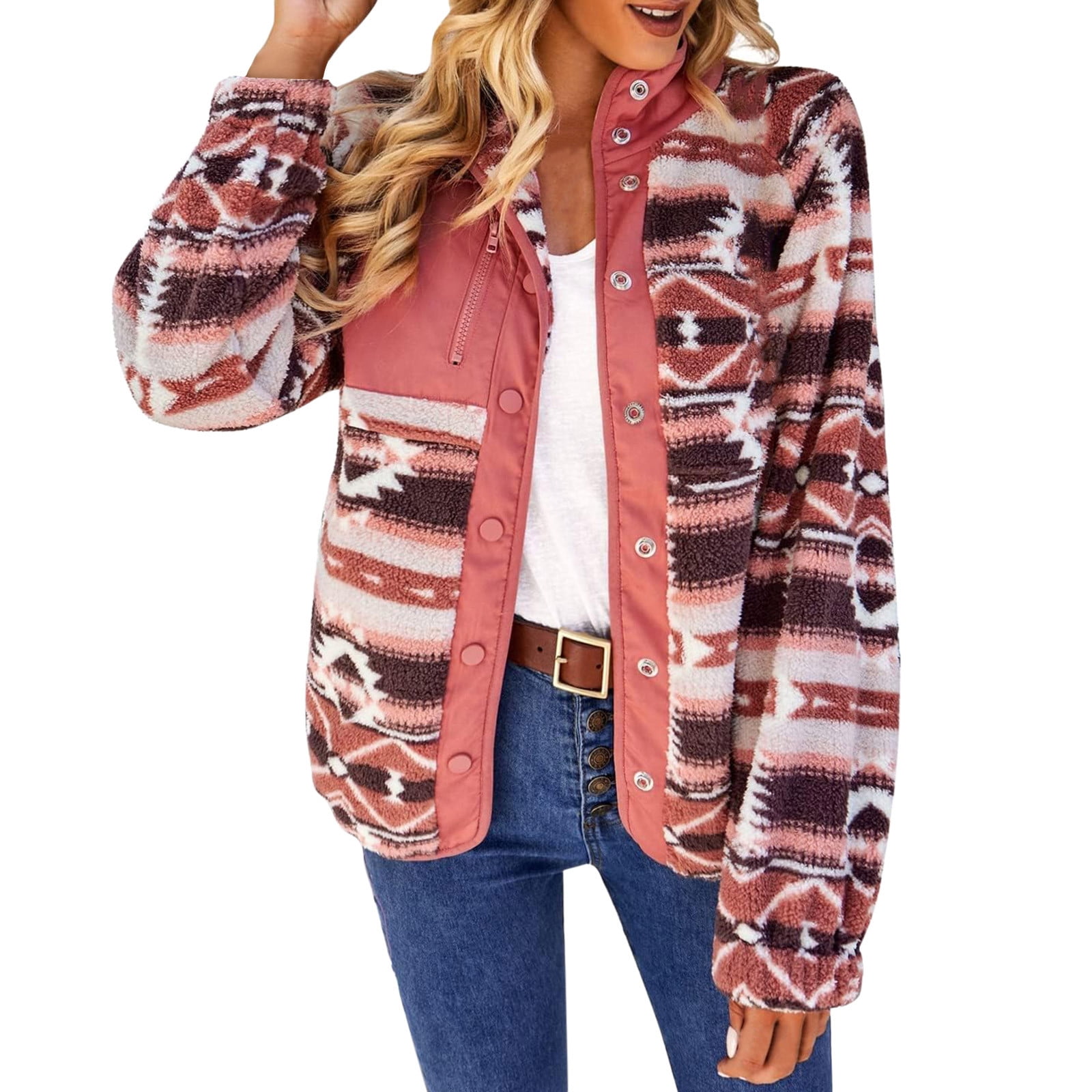 BRDFRL Womens Fleece Jacket Western Aztec Print Long Sleeve Button