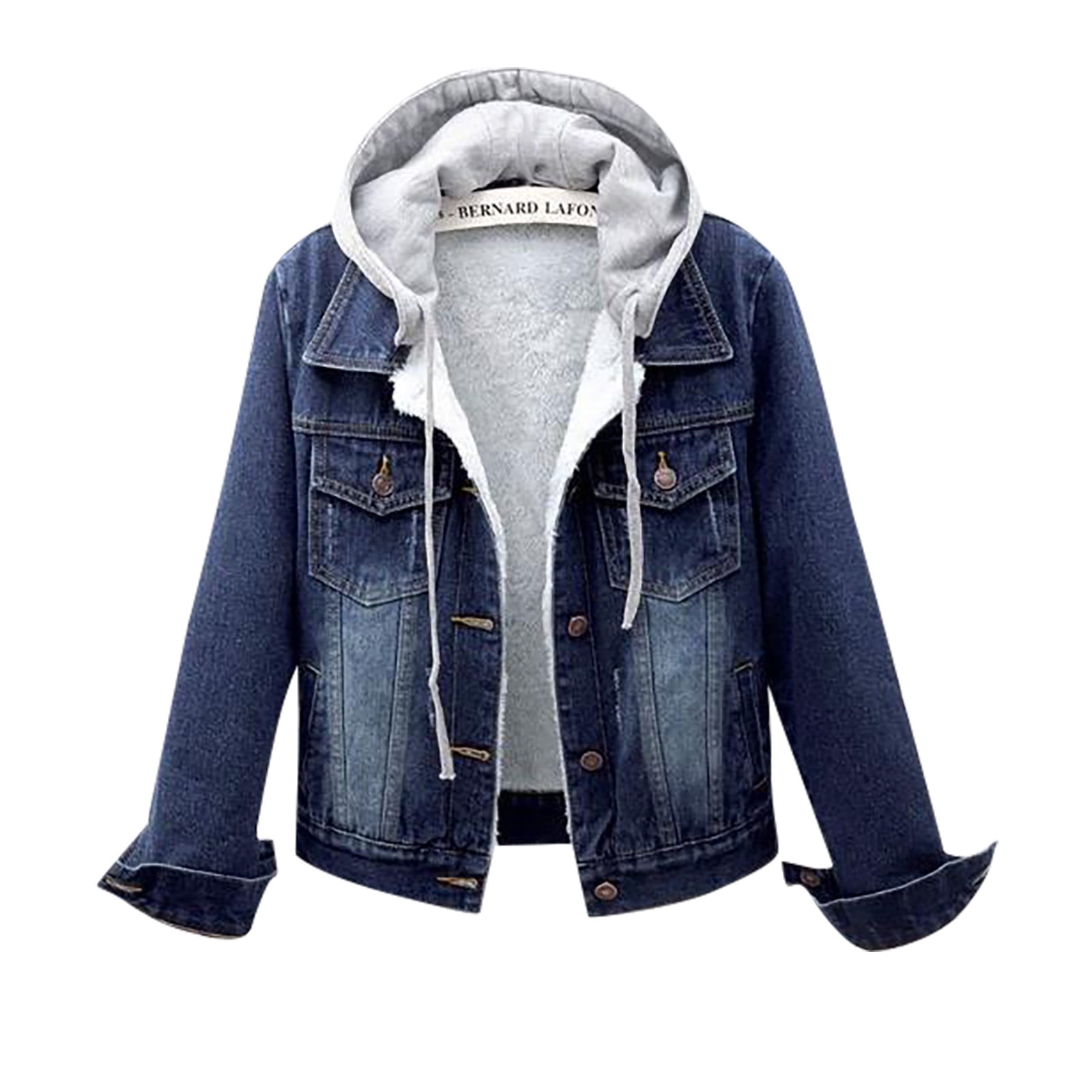 BRDFRL Womens Fleece Lined Denim Jackets,Button Down Hooded Jean Jacket Long Sleeve Oversize Casual Boyfriend Winter Coat Hoodies Dark Blue S
