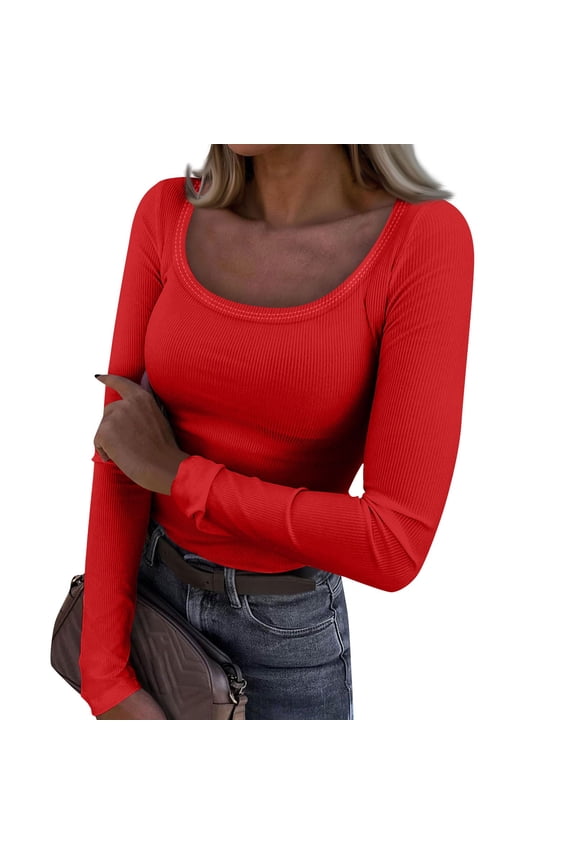 Womens Long Sleeve Scoop Neck Ribbed Knit Fitted Casual Tops Tee Slim Basic Shirts Red 2XL