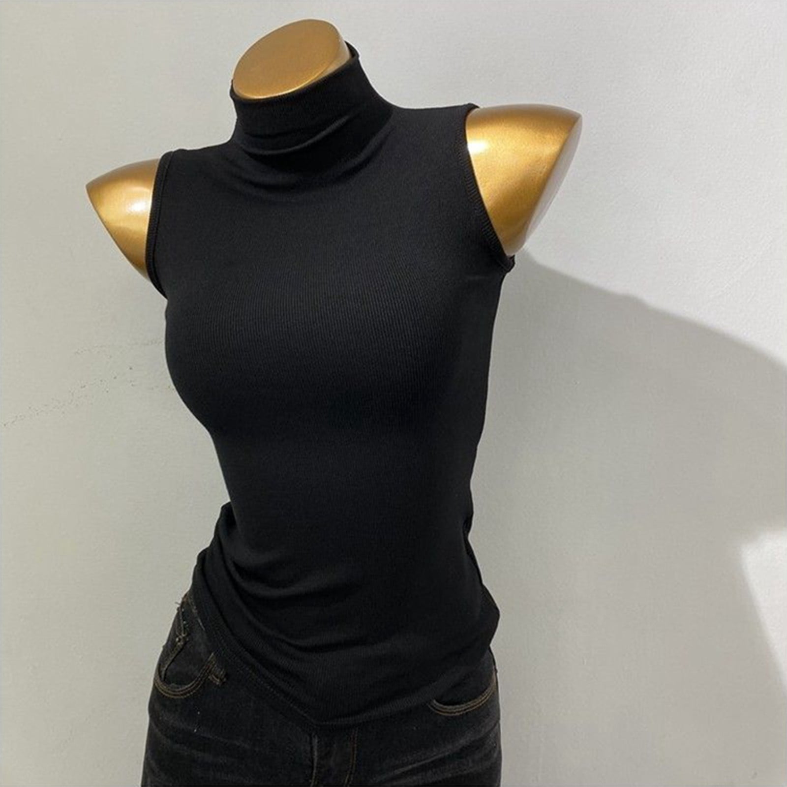 MANGDIUP Women's Mock Turtleneck Top - Long Sleeve & Sleeveless Slim Fit Basic Tee, Black, Small