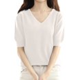 thumbnail image 1 of BRDFRL Womens Puff Short Sleeve Sweater Casual Summer V Neck Pullover Tops Ribbed Knit Sweater Blouse Beige L, 1 of 5