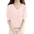 thumbnail image 1 of BRDFRL Womens Puff Short Sleeve Sweater Casual Summer V Neck Pullover Tops Ribbed Knit Sweater Blouse Pink L, 1 of 5