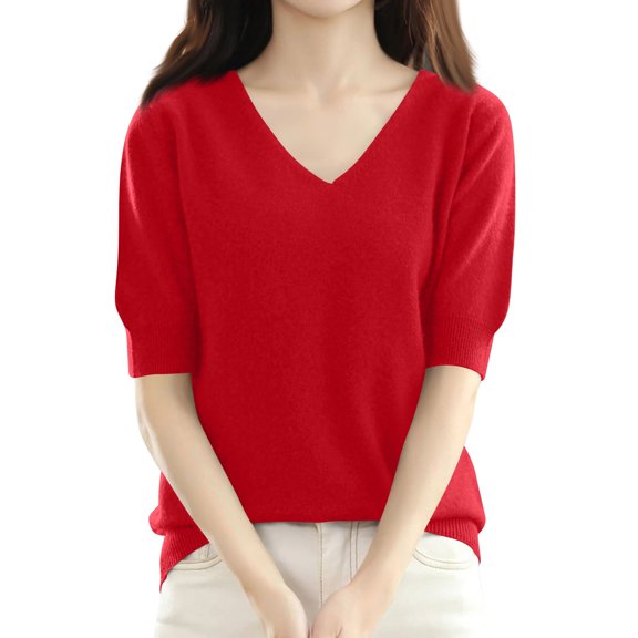 BRDFRL Womens Puff Short Sleeve Sweater Casual Summer V Neck Pullover Tops Ribbed Knit Sweater Blouse Red 2XL