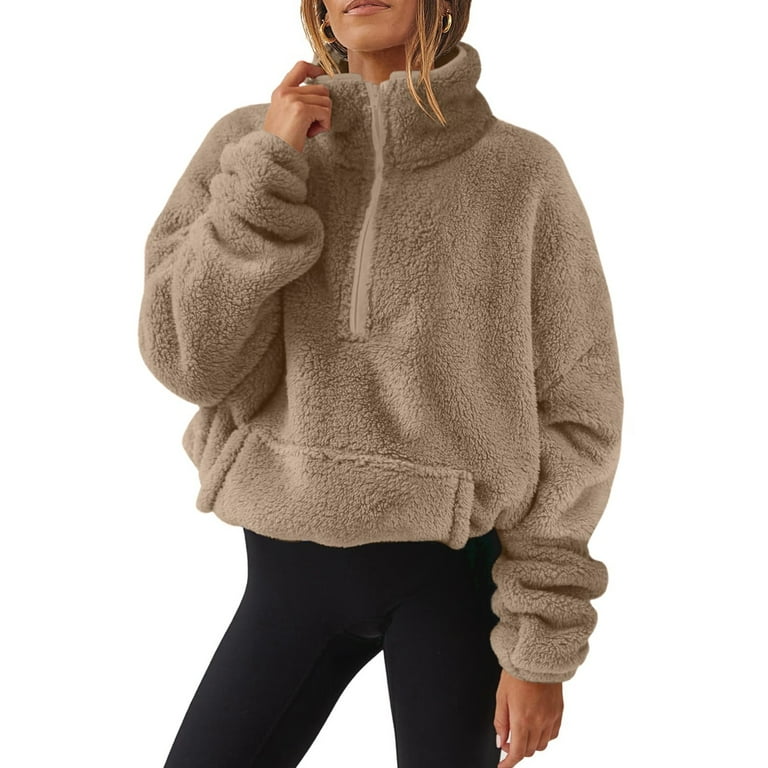 BRDFRL Womens Quarter Zip Pullover Sweaters Fuzzy Fleece Sweatshirt Faux Shearling Warm Zip Up Hoodies Outwear with Pockets Brown M Walmart