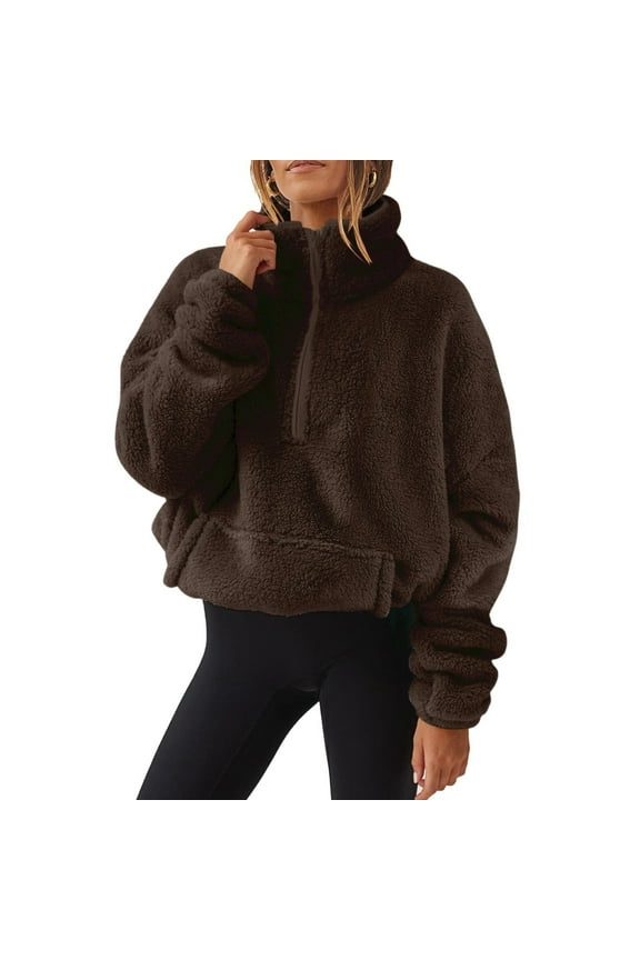 Womens Quarter Zip Pullover Sweaters Fuzzy Fleece Sweatshirt Faux Shearling Warm Zip Up Hoodies Outwear with Pockets Coffee M