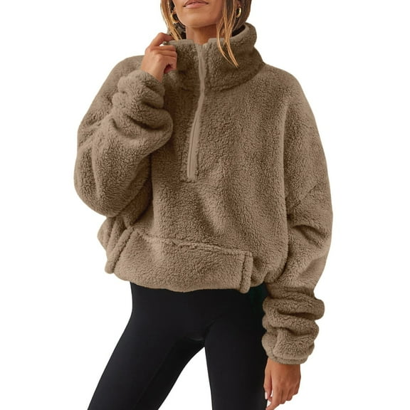 BRDFRL Womens Quarter Zip Pullover Sweaters Fuzzy Fleece Sweatshirt Faux Shearling Warm Zip Up Hoodies Outwear with Pockets Light Brown M