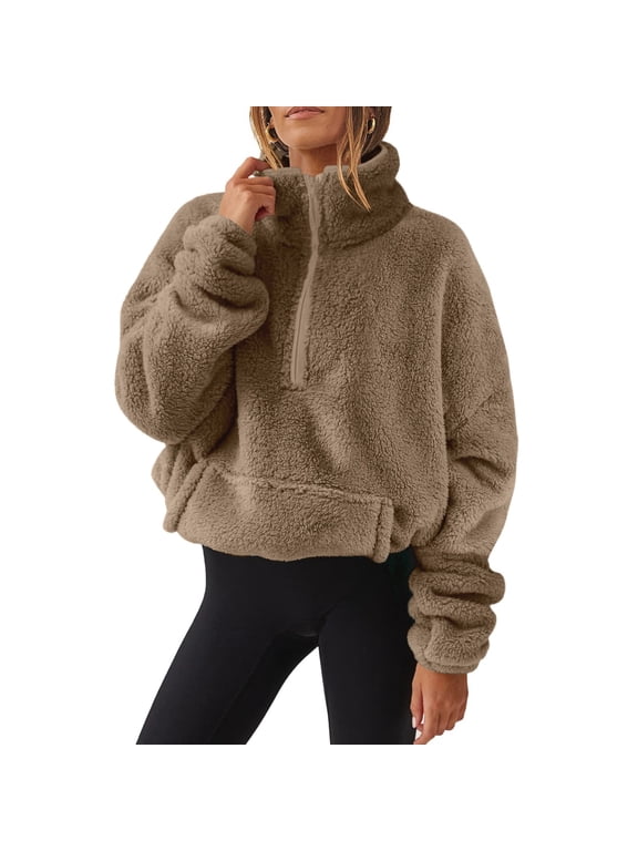 Womens Quarter Zip Pullover Sweaters Fuzzy Fleece Sweatshirt Faux Shearling Warm Zip Up Hoodies Outwear with Pockets Light Brown M