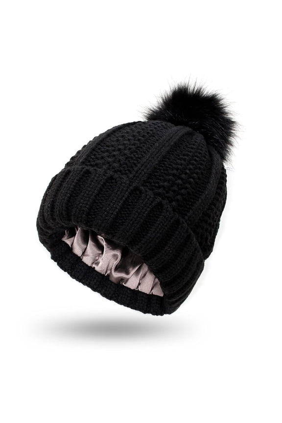 Womens Satin Lined Winter Beanie Cable Knit Beanie Silk Lining Thick Chunky Hats Skull Warm Cap