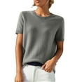 thumbnail image 1 of BRDFRL Womens 2025 Spring Short Sleeve Crew Neck Striped Pullover Sweater Business Casual Ribbed Knit Tops Gray L, 1 of 7