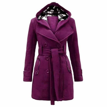 BRDFRL Womens Trench Plus Size Casual Pea coat with Belt Hooded Checkered Double Breasted Coat Purple S
