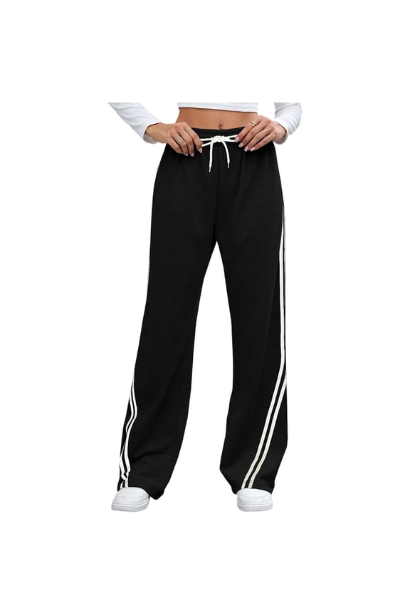 Y2K Vintage Track Pants Women Low Waist Side Striped Drawstring Straight Leg Loose Fit Joggers Black L