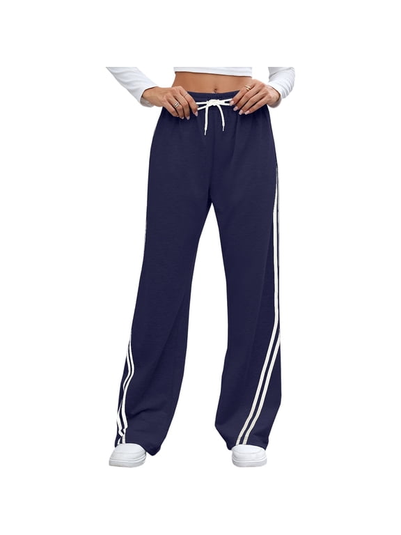 Y2K Vintage Track Pants Women Low Waist Side Striped Drawstring Straight Leg Loose Fit Joggers Navy M