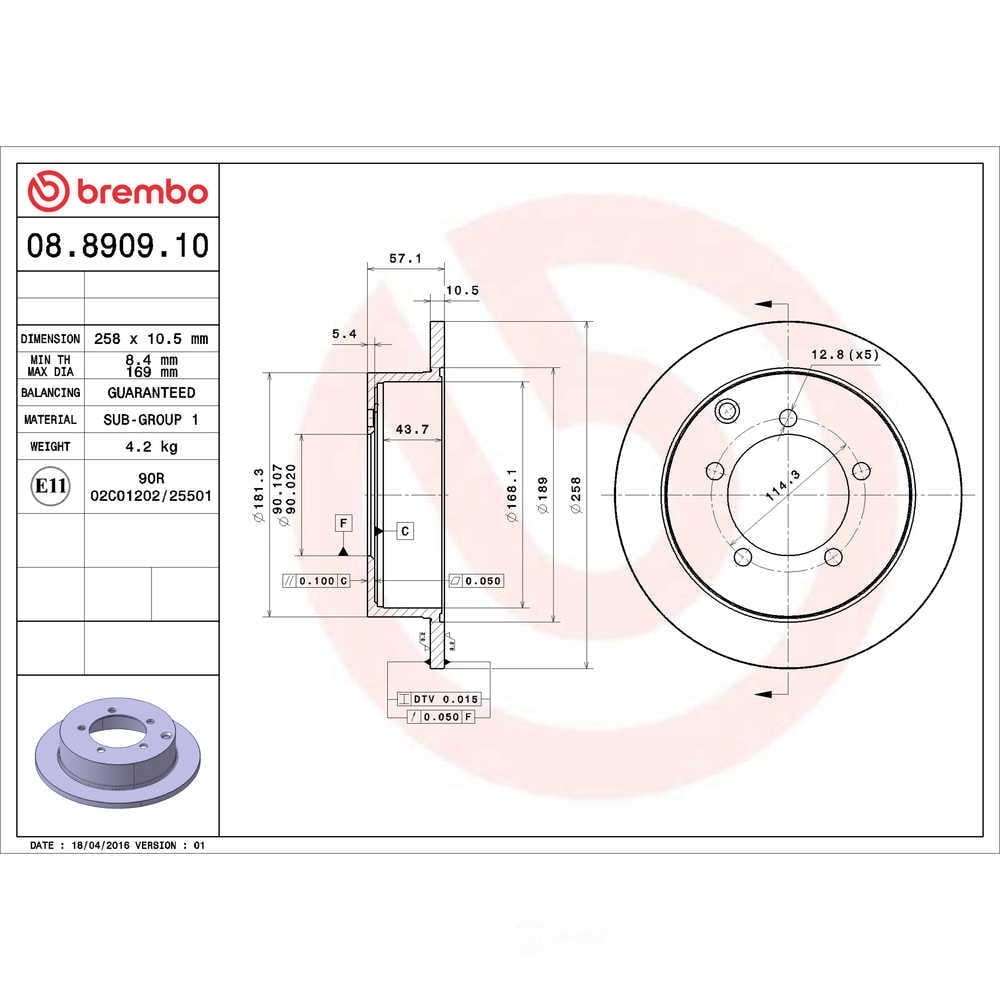 Brembo 08.8909.10 Solid Standard Rotor