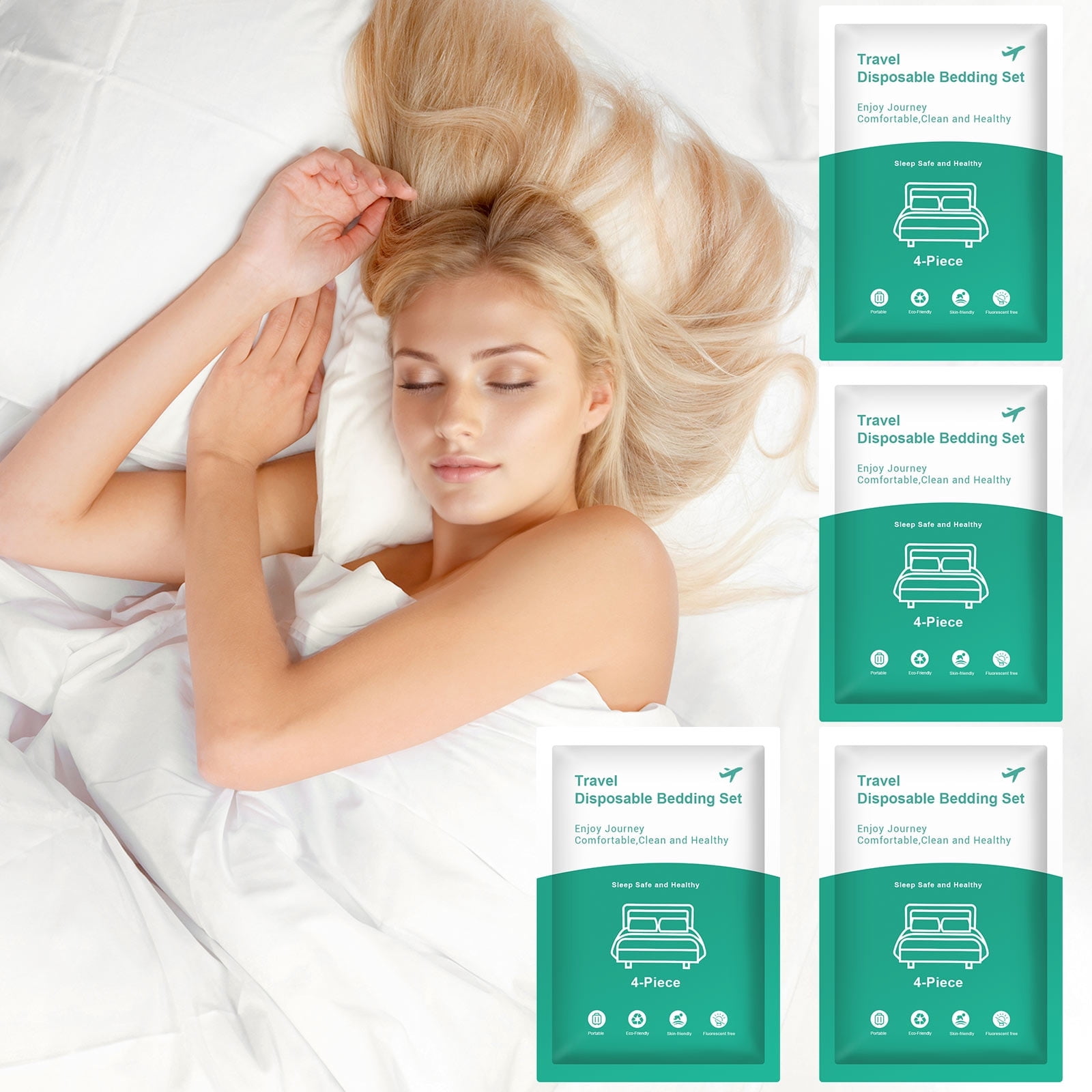 Disposable Bed Sheets 4 Pack, 16 PCS Travel Bedding Set Queen Size – Breathable Lightweight Single Use Sheets with Pillowcases & Duvet Covers for Hotel, Travel, Hospital, Guest Stay