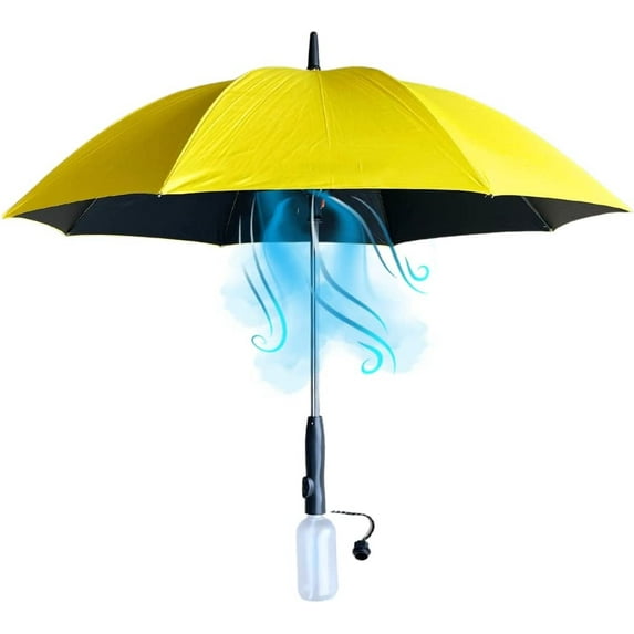 BREEZE LIFE Golf Umbrella with Fan and Mister. A portable misting fan that blocks 99.9% of all UVA and UVB rays. Personal sun protection and cooling at festivals, beach, and sporting events. Yellow