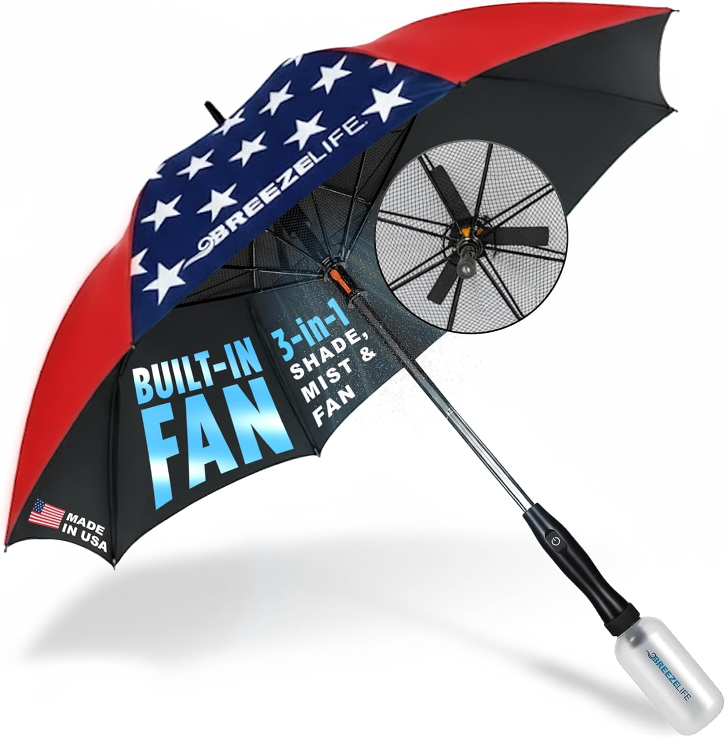 BREEZE LIFE Golf Umbrella with Fan and Mister. Portable misting and shade that blocks 99.9% of UVA and UVB rays UV sun protection and cooling at festivals, beach, and sporting events. (American Flag)