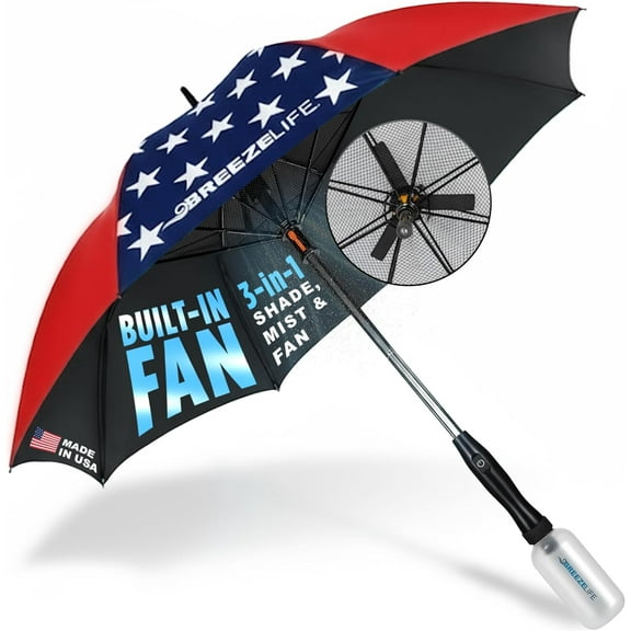 BREEZE LIFE Golf Umbrella with Fan and Mister. Portable misting and shade that blocks 99.9% of UVA and UVB rays UV sun protection and cooling at festivals, beach, and sporting events. (American Flag)