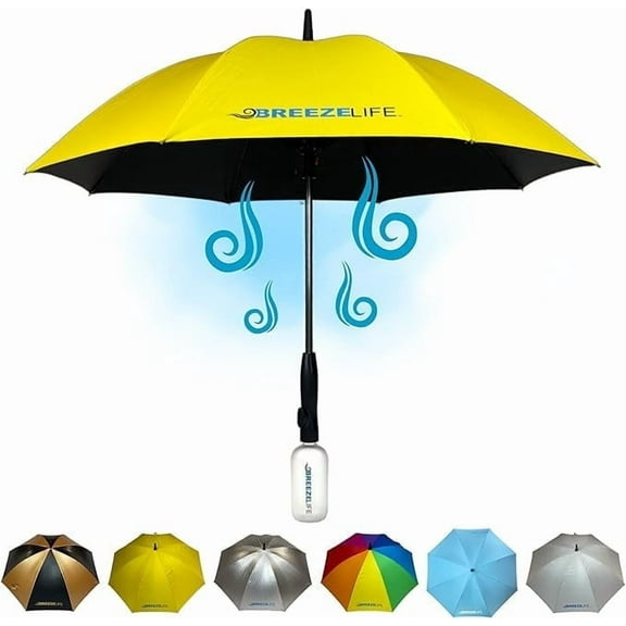 BREEZE LIFE Golf Umbrella with Fan and Mister. Portable misting and shade that blocks 99.9% of UVA and UVB rays. UV sun protection and cooling at festivals, beach, and sporting events. (Yellow)