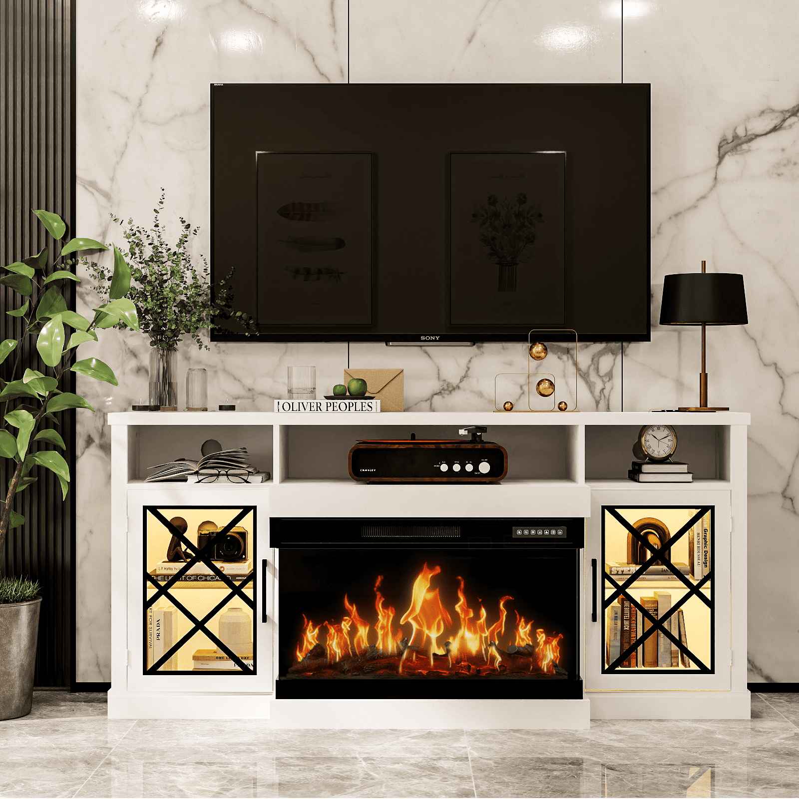 BREEZEHEAT 3-Sided Farmhouse Electric Fireplace TV Stand for TVs up to ...