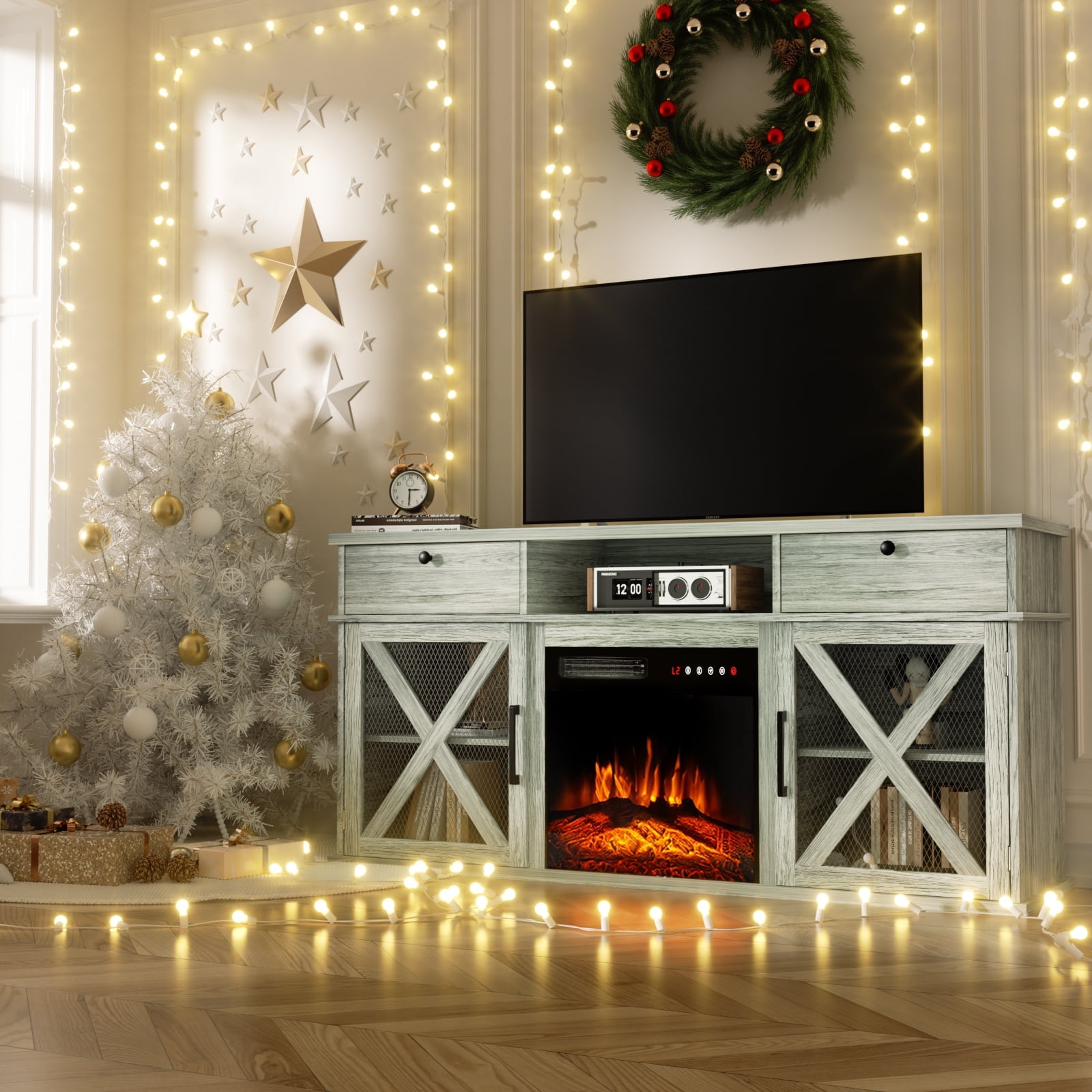BREEZEHEAT 58" Farmhouse Fireplace TV Stand with 18" Electric Fireplace for TVs up to 65''