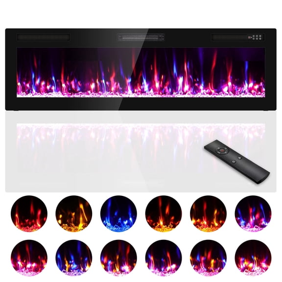 BREEZEHEAT 60” Electric Fireplace Insert, Wall Mounted Fireplace with Multicolor Flame,Timer,Low Noise,750/1500W,Remote Control